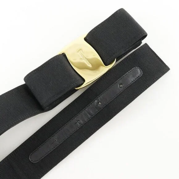Salvatore Ferragamo Vala Ribbon belt 8046 Black / Gold Hardware canvas/Pla...